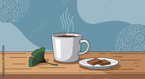 Cozy Coffee Break with Steaming Mug, Biscuits, and Ginkgo Leaf Illustration