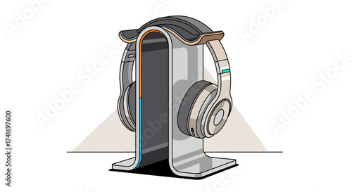 Minimalist illustration of modern wireless over-ear headphones resting on a stylish stand, audio technology accessory