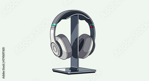 Modern Over-Ear Headphones on Stand Isolated. Digital Audio Technology Accessory Vector Illustration for Music, Gaming, and Communication.