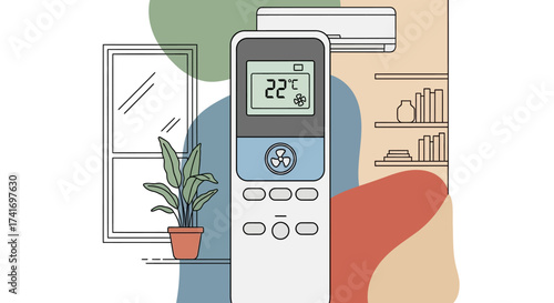 Air conditioner remote control setting 22°C in a modern home interior illustration
