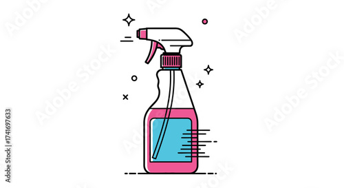 Flat design illustration of a cleaning spray bottle with pink liquid, symbolizing hygiene and disinfection.