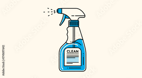 Blue Cleaning Spray Bottle Illustration. Household disinfectant sprayer graphic with liquid and spraying action.
