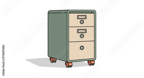 Minimalist Three-Drawer Filing Cabinet with Casters Illustration
