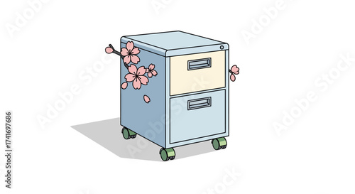 Pastel blue filing cabinet on wheels adorned with delicate pink cherry blossoms, modern office storage illustration