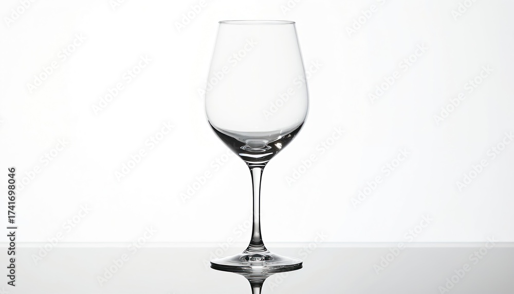 Fototapeta premium Empty clear wine glass on white background with reflective surface. Elegant stemware showcases its shape for beverage enjoyment and formal settings like dining or parties.