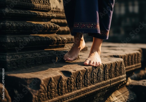 Bare feet treading on the intricately carved steps of an ancient ruin