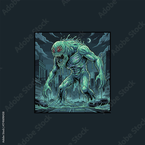 Giant Slime Monster Attacks City at Night
