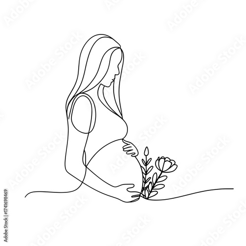 Pregnant woman holding her belly with flowers in minimalist line art  