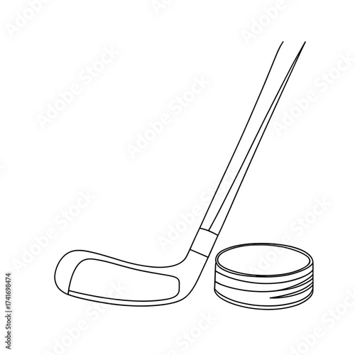 Hockey stick and puck in minimalist line art style  