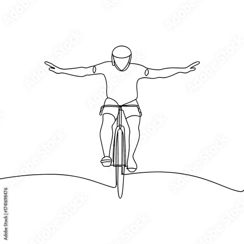 Line drawing of cyclist balancing with arms outstretched on bike  