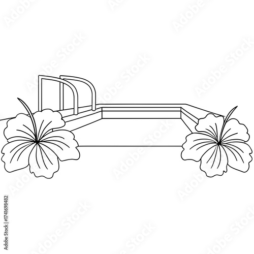 Swimming pool with stairs and hibiscus flowers in outline design  
