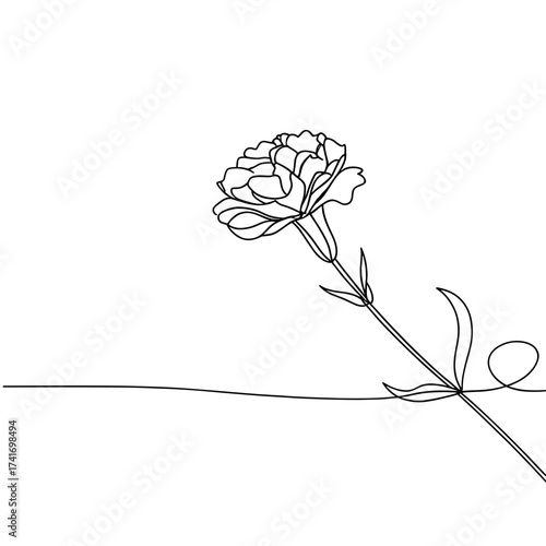 Minimalist line art illustration of a single flower on white background  