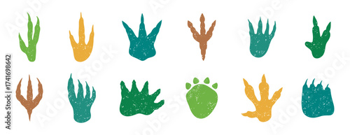 Dinosaur footprint silhouette textured grunge doodle hand drawn icon set. Drawing line clipart symbol collection
