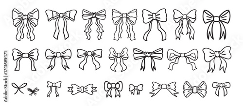 Various doodle bows Set. Bow knots, tie ups, gift ribbons, . Hand Bow Gift bows, doodle style. Festive decoration, invitation elements, packaging, wedding design