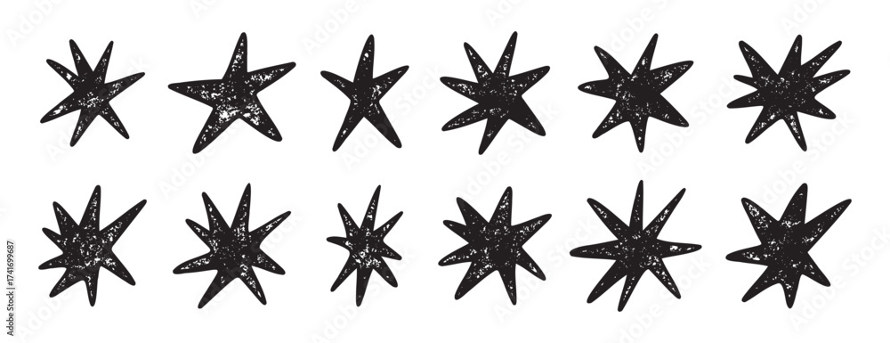 Hand drawn textured black stars set grunge line art design