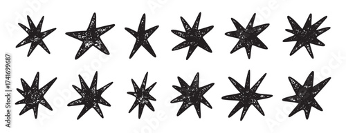 Hand drawn textured black stars set grunge line art design
