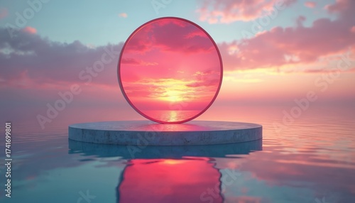 Circular portal reflects vibrant sunset over calm water surface. Stone platform floats on sea during dusk. Sky displays pink orange yellow clouds and sun.