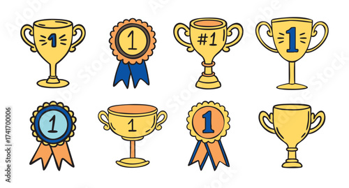 Trophy and award medal set with number 1 golden cups, hand drawn doodle
