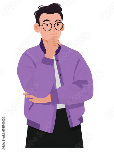 Thoughtful young man in glasses and purple jacket thinking.