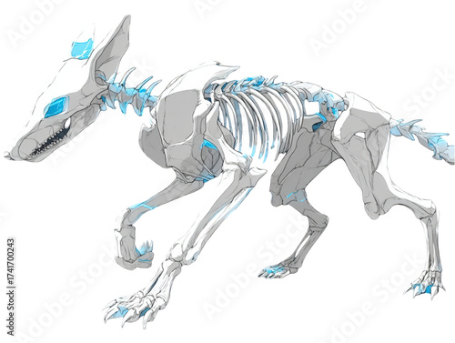 Futuristic wolf skeleton with glowing blue accents in a running pose.