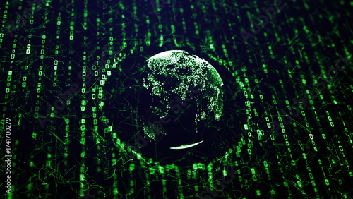 A digital Earth with green glowing numbers and connecting lines for business presentations and hi tech projects 3d render