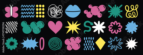 Naive retro playful abstract shapes sticker set. Abstract trendy shapes 90s 00s style. wavy and spiral elements.