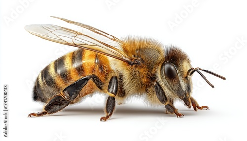 Close-Up Of A Honey Bee On A White Background: Template For Queen Honey Bee. Capture The Intricate Details Of The Majestic Insect.