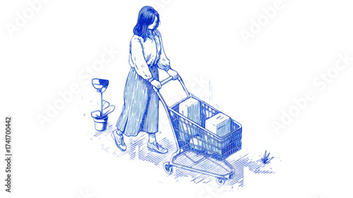 Blue sketch illustration of a woman pushing a shopping cart.