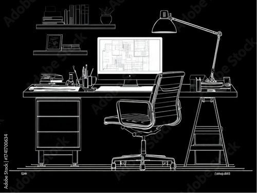 Architectural Blueprint Illustration of a Modern Office Workspace.