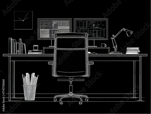 Wireframe Illustration of a Modern Office Workspace Setup.