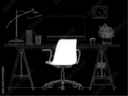 White ergonomic office chair in a schematic workspace illustration.