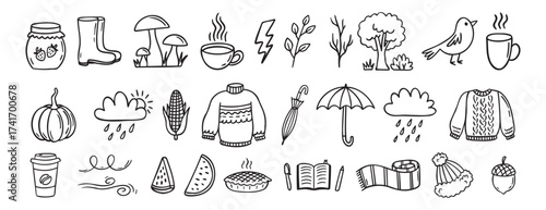 Autumn or nature fall season with falling leaves, umbrella doodle hand drawn icon elements set. Outline drawing autumn or fall line clipart symbol collection