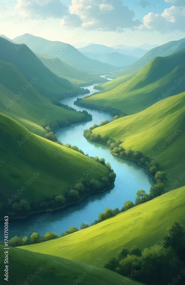 Fototapeta premium Winding river flows through lush green rolling hills under a hazy sky. Calm blue water reflects soft clouds, creating a serene landscape. Peaceful valley panorama provides tranquil nature scene.