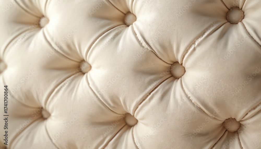 Fototapeta premium Close view diamond patterned material. Upholstered soft surface with classic buttons. Cream beige color palette. Textile structure. Elegant vintage style. Luxurious cosy backdrop element. Detailed