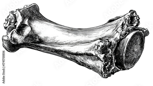 Vintage black and white scientific illustration of a large mammal bone.
