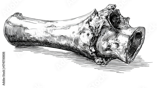 Hand drawn sketch of an ancient fossilized animal bone.