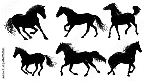 Collection of six dynamic running horse silhouettes.