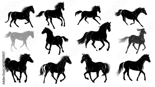 Set of dynamic running and walking horse silhouettes.