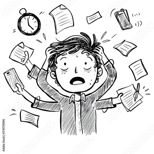 Hand drawn sketch of a stressed person multitasking.