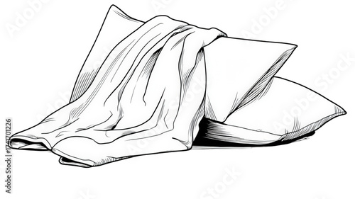 Hand drawn sketch of two soft pillows and a blanket.