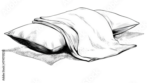 Artistic hand drawn sketch of two soft pillows and a blanket.