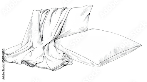 Hand drawn sketch of soft pillows and a draped blanket.