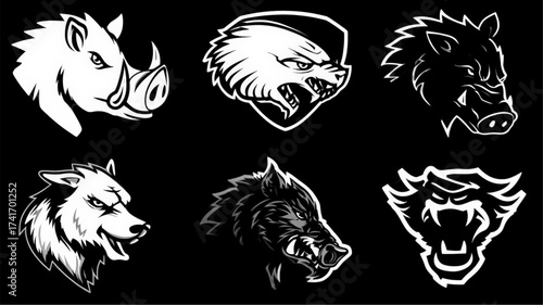 Collection of Six Fierce Wild Animal Head Mascots.