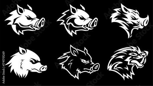 Set of six fierce wild boar head vector illustrations.