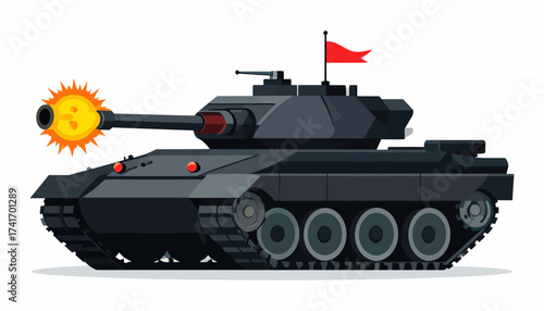 Stylized Black Military Tank Firing Cannon with Red Flag, Orange Explosion, and Angular Armor on White Background
