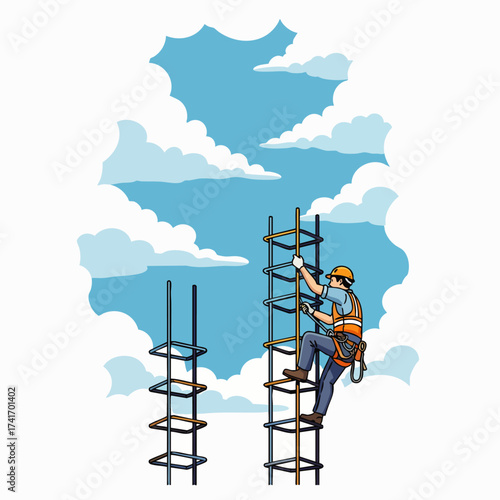 An illustration depicts a construction worker ascending a rebar structure against a backdrop of a bright, cloudy sky, working on a building.