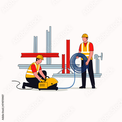 Two construction workers are depicted in a vector illustration, working on a building project with equipment and materials on a white background.