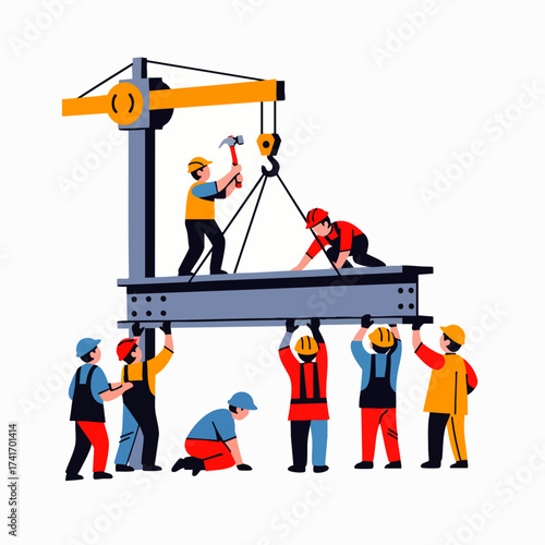 Construction workers collaborate to lift a steel beam, utilizing a crane for support and teamwork to build a structure.