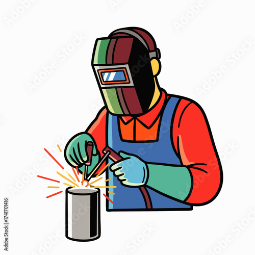 An illustrated welder, depicted with safety gear, skillfully uses a welding torch to join metal components, creating sparks and a vibrant visual.