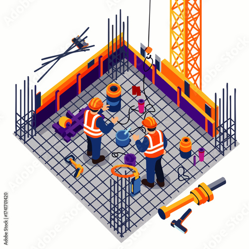 Isometric view of construction workers collaborating on a building site, with concrete forms, rebar, and a crane overhead.